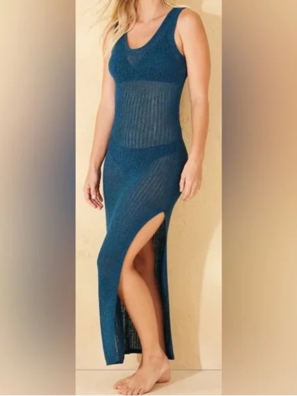 Sleeveless Teal Maxi Knit coverup Dress with Side Slit